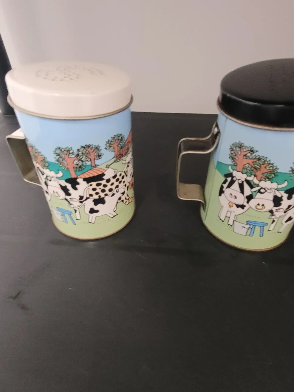Vintage Cow Print Tin Salt And Pepper Canisters - Blue & Cream